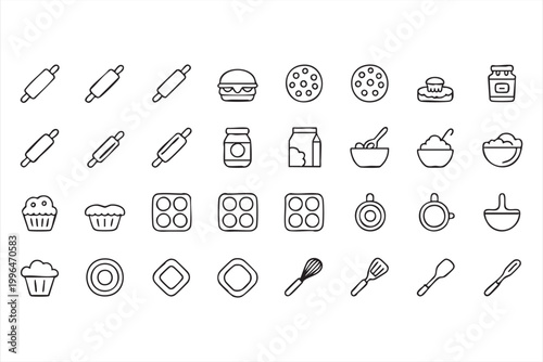 Baking Tools Icon Set Rolling Pin Kitchen Dough Flour Whisk Bowl Symbols for Bakery Branding
