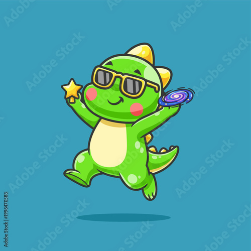 Cute Green Dinosaur Wearing Sunglasses Jumping with Star and Galaxy Disc.
