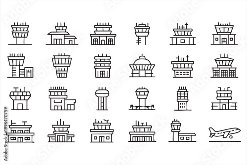 Airport Infrastructure Line Icons Control Tower Terminal Symbols for Airline Apps and Transport UI