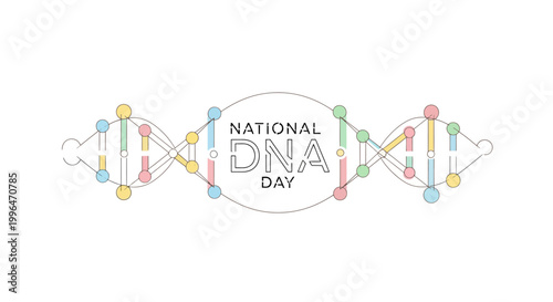 Minimalist vector illustration for National DNA Day featuring a stylized DNA helix structure formed by interconnected nodes in pastel colors against a clean white background