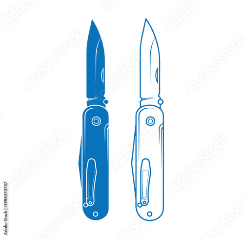 Two pocket knives with blue and white outlines on white background