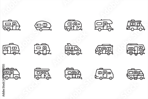 RV Camper Van Line Icon Set Motorhome Caravan Travel Vehicle Symbols for Road Trip Apps and Navigation Systems
