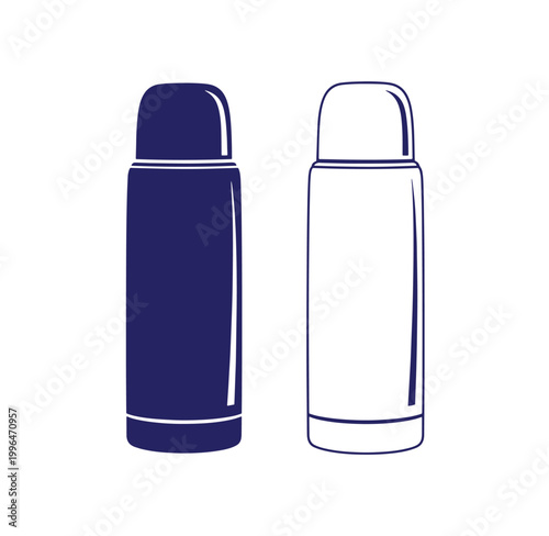 Two thermos bottles one dark blue and one white with shiny lids and bases