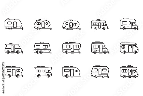 Camper Van Icon Collection RV Motorhome Caravan Symbols for Travel Apps Camping Services and Tourism Platforms