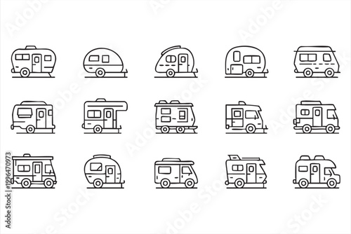 RV Travel Icon Set Camper Van Motorhome Caravan Symbols for Road Trip Navigation and App Interface Design