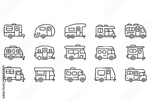 Motorhome and Caravan Icon Set RV Camper Van Symbols for Travel Apps Camping Platforms and Navigation UI