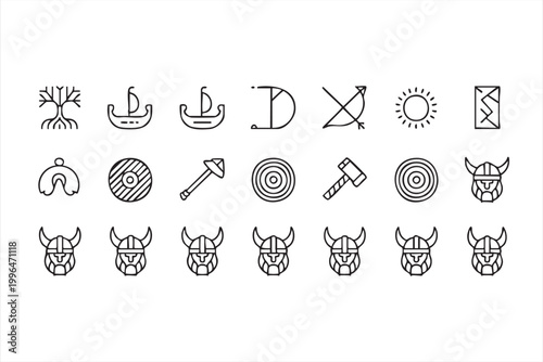 Viking Norse Icon Collection Nordic Myth Symbols Yggdrasil Ship Rune Axe for History Apps and Games
