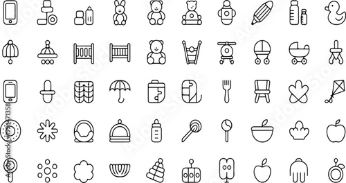 Baby icon set vector illustration pack with editable stroke featuring book toy bunny robot rattle crib diaper pacifier feeding symbols