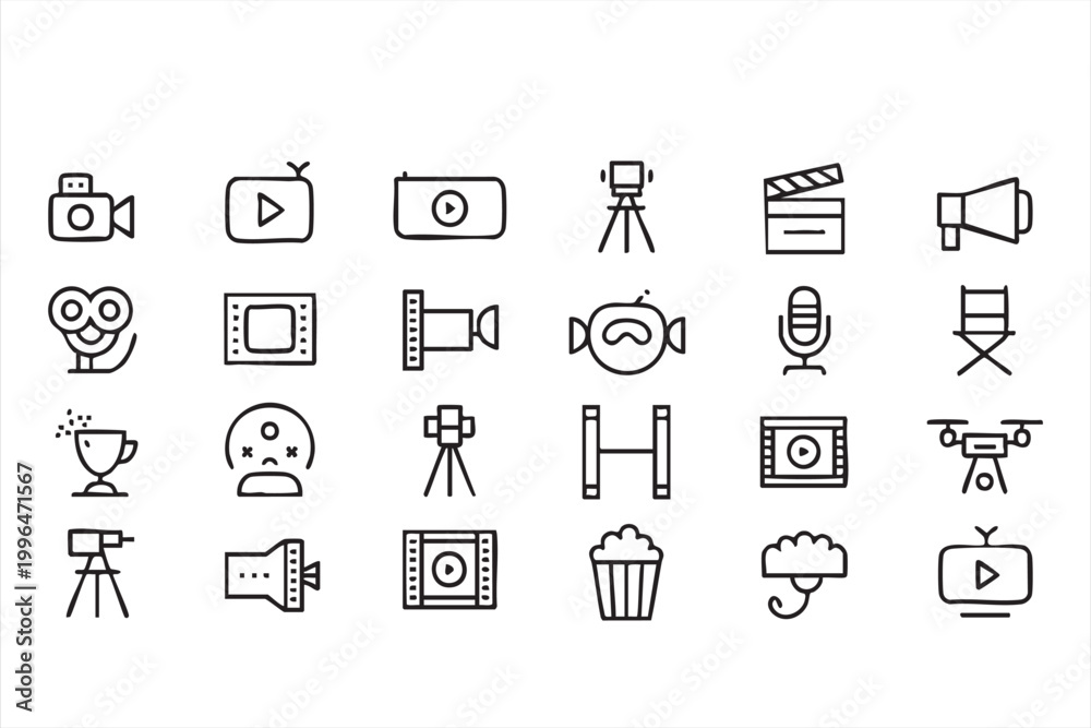 Fototapeta premium Filmmaking Icon Set Cinematography Camera Director Clapperboard Symbols for Editing Interface Design
