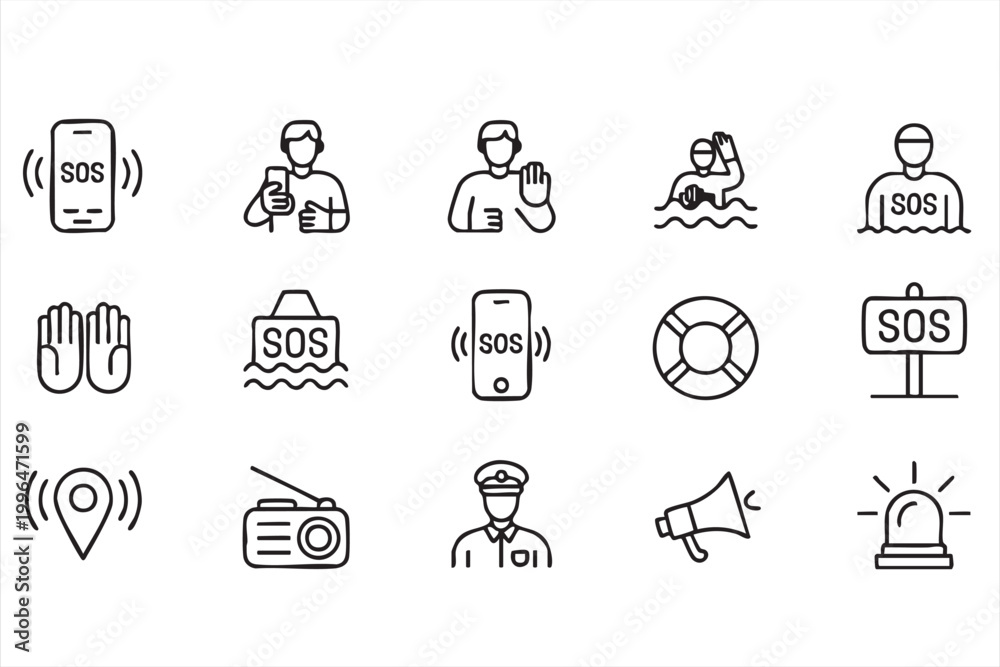 Fototapeta premium Emergency Alert Icon Collection SOS Rescue Distress Signal Symbols for Safety Apps and Interfaces