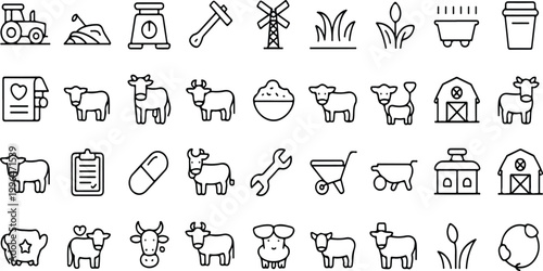 Cattle farm line icons set with thin 1.5px stroke vector including cow calf milking barn veterinary agriculture farming outline pack