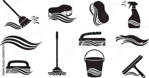 Cleaning tools and supplies icon set collection