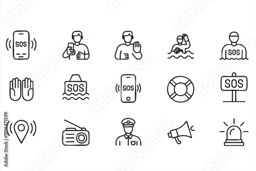 Emergency Alert Icon Collection SOS Rescue Distress Signal Symbols for Safety Apps and Interfaces