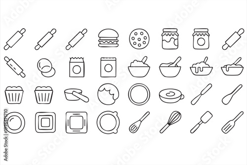 Rolling Pin Baking Tools Line Icon Set Kitchen Dough Flour Pastry Symbols for Recipe Apps