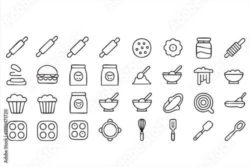 Baking Kitchen Icon Collection Rolling Pin Dough Flour Whisk Bowl Symbols for Food Apps and Menus