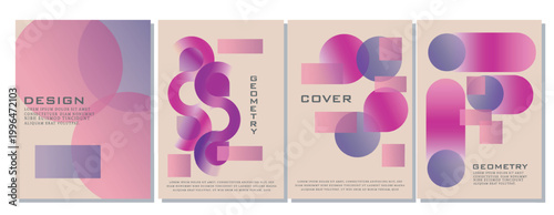 Abstract geometric shapes in pink and purple tones arranged across light background in modern graphic style, presenting a creative design concept. Hand-drawn vector illustration