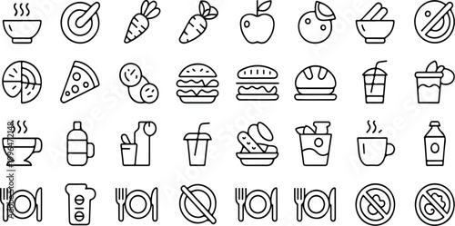 Vegetable dish poke bowl healthy salad set meal line icons with pizza pasta spaghetti burger breakfast fish juice apple carrot vector illustration