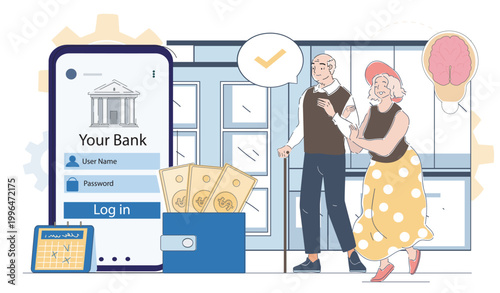 Elderly couple near a big smartphone with bank login interface shown in flat style on a light urban background, expressing secure financial management concept. Hand-drawn vector illustration