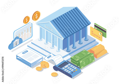 Bank building with money, cards, coins and financial chart in clean isometric style on white background, symbolizing finance and economy. Hand-drawn vector illustration