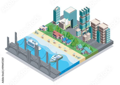 Coastal city scene with buildings, trees, beach, boats and a bridge in isometric style on white background, showing concept of modern seaside urban life. Hand-drawn vector illustration