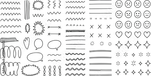 Scribble doodle underline emphasis line shape set with hand drawn brush stroke elements for highlight decoration and modern design accents