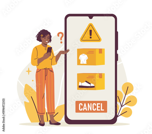 Woman checking phone beside giant smartphone showing warning on simple abstract background, concept of order cancellation and confusion. Hand-drawn vector illustration