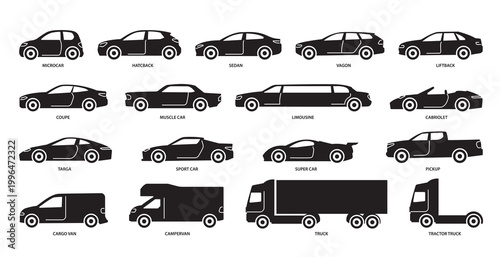 Silhouette set of car and truck types in clean graphic style on white background, showing transport concepts and vehicle variety. Hand-drawn vector illustration