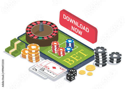 Casino items with roulette, chips, cards and cash in clean isometric graphic style on white background showing gambling concept. Hand-drawn vector illustration
