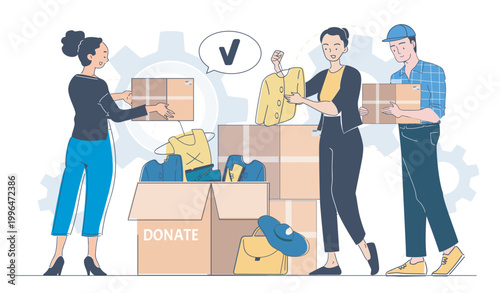 Group of people organizing clothing donations in a clean flat graphic style on a white background, symbolizing charity and community support. Hand-drawn vector illustration