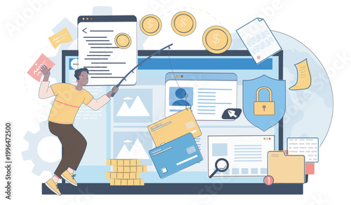 A person attempting to steal data with phishing tools shown in flat style on a background, conveying a cybersecurity threat concept. Hand-drawn vector illustration