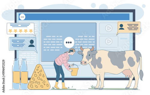 A woman milking a cow beside dairy items with large digital interface behind her in clean flat style on light background, showing agriculture and online service concept. Hand-drawn vector illustration