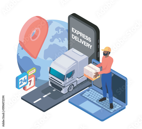 Scene showing global express delivery with truck, parcel handoff and digital elements in clean isometric style on white background, concept of logistics. Hand-drawn vector illustration