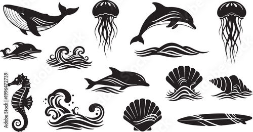 Marine Life Ocean Creatures Black and White Icons