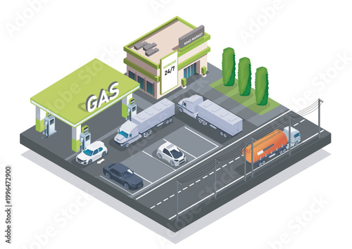 Cars and trucks at a modern gas station in isometric style on a clean white background, representing transport services and fueling concepts. Hand-drawn vector illustration