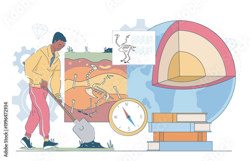A person uncovering fossils in soil layers with educational flat style on a clean white background, expressing geology and paleontology concepts. Hand-drawn vector illustration