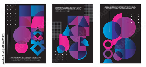 Colorful geometric shapes in modern graphic style on a dark background, expressing an abstract concept of creativity and design. Hand-drawn vector illustration