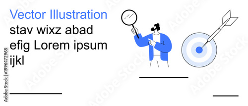 Business strategy, goal setting, precision, problem-solving, research, and focus. A man holds a magnifying glass while a bullseye target aims to show these . Goal setting and precision concept