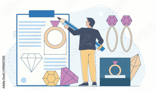 Man drawing jewelry designs with gems in flat graphic style on light background, symbolizing creativity and craftsmanship. Hand-drawn vector illustration
