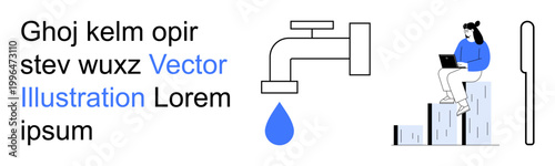 Water conservation, digital analytics, sustainability, environmental awareness, technology, data presentation. A faucet with droplet and a person on graph bars with a laptop. Water conservation