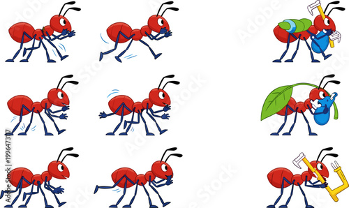 Cute Cartoon Red Ant Character in Multiple Walking Action Poses Carrying Leaf Water Drop and Tool Vector Illustration Set for Children Design