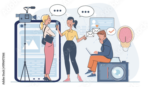 Three media workers interacting with devices in a modern digital workspace setting on light background showing communication concepts. Hand-drawn vector illustration