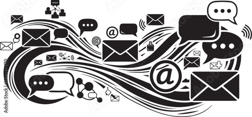 Communication icons and symbols in a swirling pattern