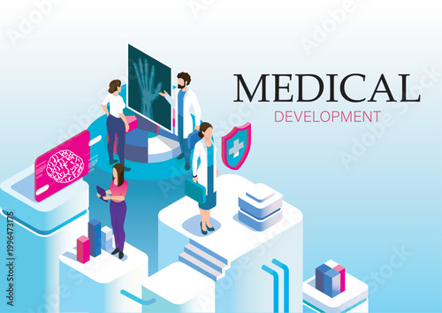 Doctors and researchers analyzing digital x-ray and brain data in isometric style on a bright gradient background, healthcare innovation. Hand-drawn vector illustration