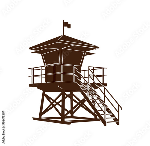 Brown lifeguard tower with flag on top and stairs on the side  illustration