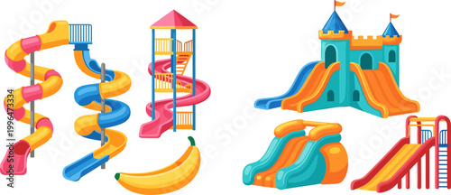 Colorful Cartoon Water Park Spiral Slide Tower Castle Bounce and Banana Pool Attraction Vector Illustration Set for Summer Design