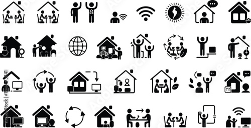 Business work from home icon set, remote office symbols, digital communication and productivity elements, flat vector illustration