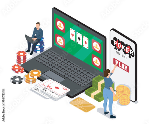 People engaging in online poker with cards, chips, money, laptop and smartphone shown in isometric style on a white background highlighting a digital gambling concept. Hand-drawn vector illustration