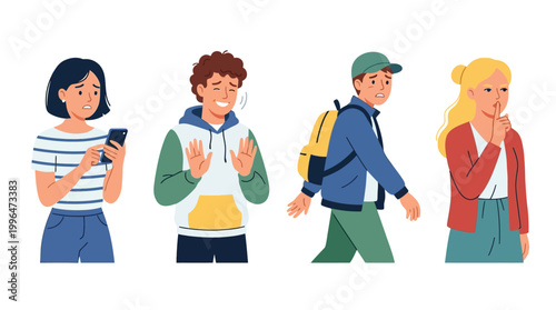 Diverse emotional expressions among young adults including worry, disgust, sadness, and thoughtfulness in various social contexts.