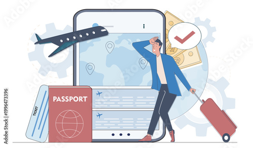 Traveler with luggage, passport, airplane and smartphone map in flat style on white background, concept of modern travel planning, booking and vacation preparation. Hand-drawn vector illustration