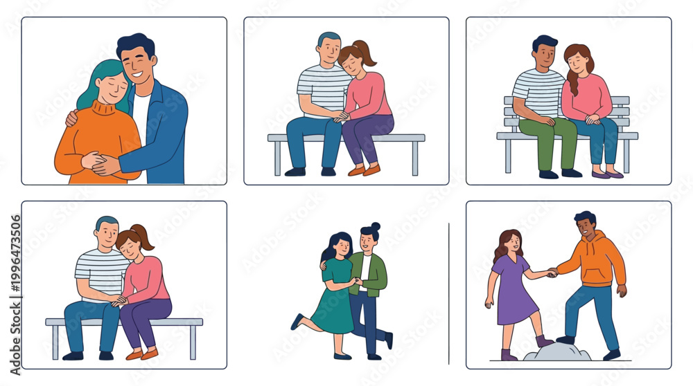 Fototapeta premium Illustrations of various couples showing affection, support, and togetherness in different poses and settings, depicting healthy relationships.